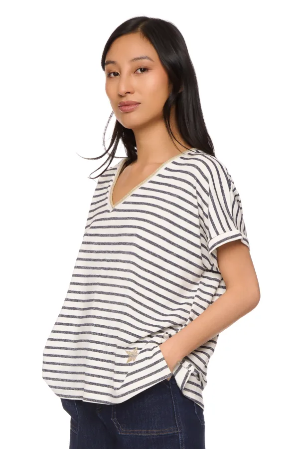 T-shirt rayé lurex col V – Image 2