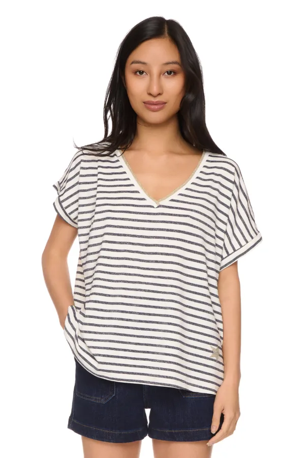 T-shirt rayé lurex col V