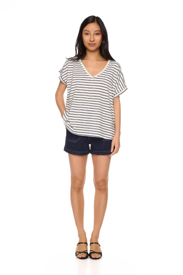 T-shirt rayé lurex col V – Image 3